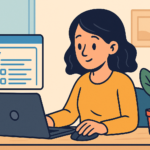 Illustration cartoon d’une femme remplissant un sondage YouGov sur son ordinateur portable dans un cadre domestique lumineux