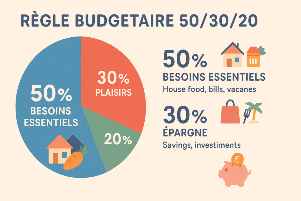Infographie de la règle de budget 50 30 20 montrant la répartition idéale des dépenses mensuelles pour les besoins, plaisirs et épargne.