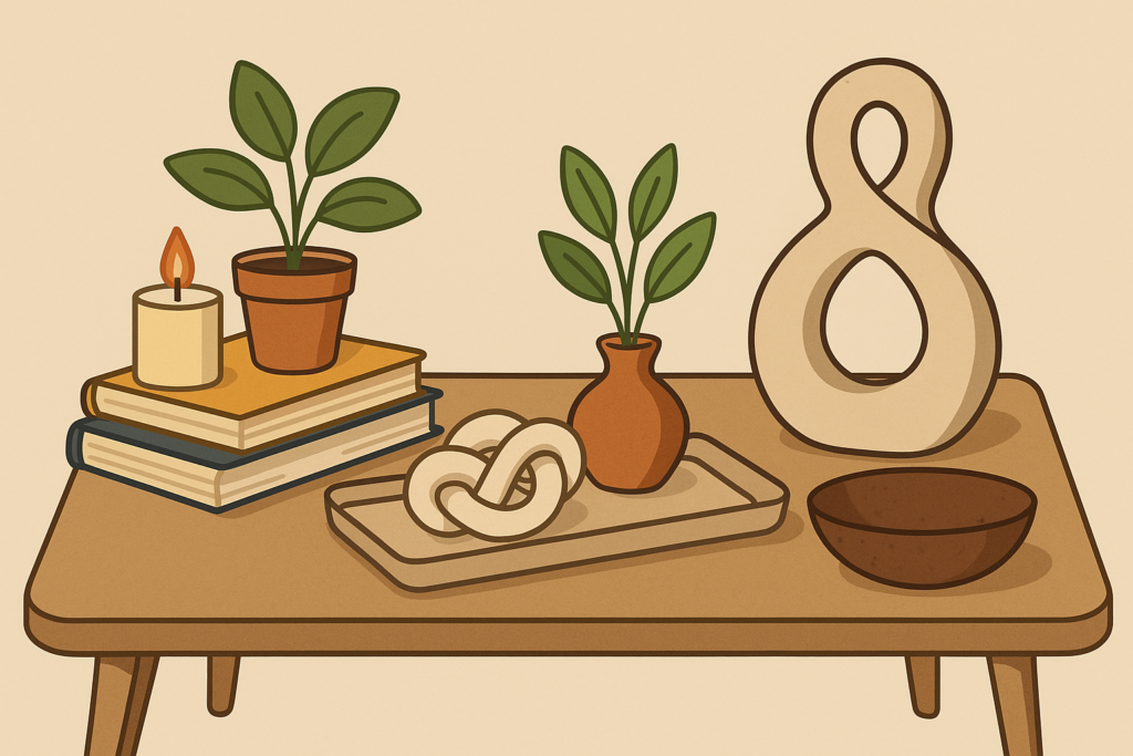 Cartoon-style illustration of a mid-century coffee table with a stack of books, a candle, potted plants, a decorative knot, sculptural object, tray, and bowl arranged in a harmonious layout.