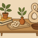Cartoon-style illustration of a mid-century coffee table with a stack of books, a candle, potted plants, a decorative knot, sculptural object, tray, and bowl arranged in a harmonious layout.