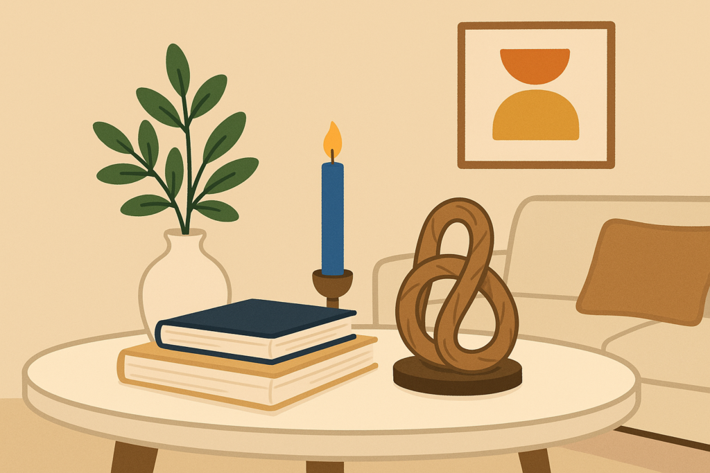 Minimalist cartoon-style living room with a round coffee table featuring stacked books, a potted plant in a white vase, a tall blue candle, and a wooden abstract sculpture.